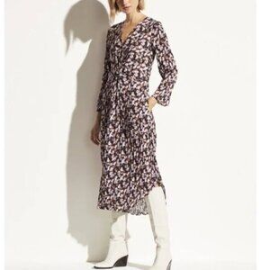 Vince Esme V-Neck Long Sleeve Micro Painted Floral Twist Drape Midi Dress Sz 14